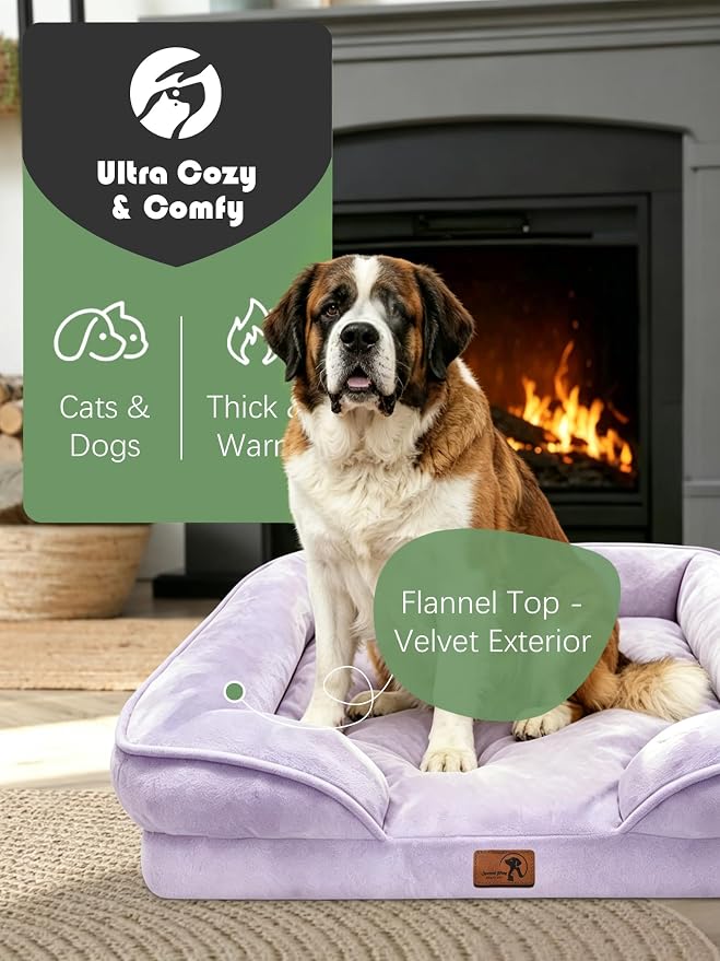 Spotted Play Orthopedic Dog Bed with Sides - Sofa Beds for Extra Large Dogs, Supportive Foam Pet Couch Bed with Washable Removable Cover, Waterproof Lining and Non-Slip Bottom, Purple - XXL