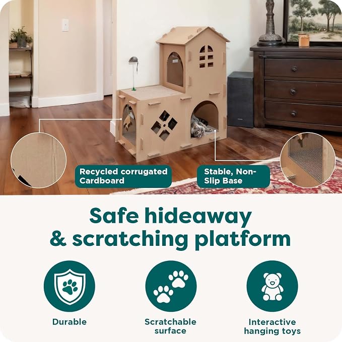 FurHaven Townhouse Multi-Level Cardboard Cat House for Indoor Cats with Catnip & Toys, Double-Walled Corrugated Scratcher Designed for Lounging, Play & Comfort, One Size, Cardboard, Brown