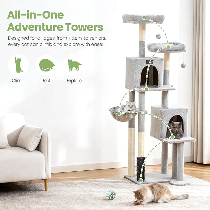 Cat Tree Tower for Indoor Cats Large Adult - 65 inch Extra Tall Cat Condo Trees with Scratching Post Hammock Perch - XL Sturdy Big Heavy Duty Multi Level Cat House Towers - Kitty Climbing Furniture