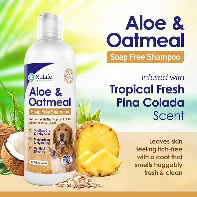 Oatmeal Dog Shampoo with Soothing Aloe Vera, Sensitive Skin Dog Shampoo for All Pets, with Tropical Fresh Pina Colada Scent, Hypoallergenic Formula Provides Relief from Allergies & Dry Itchy Skin