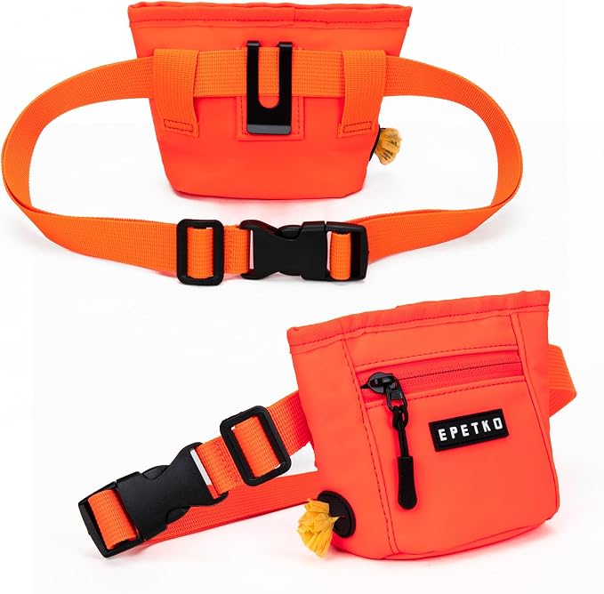 Dog Treat Pouch, Powerful Magnet Closure Device Dog Training Treat Bag Large Capacity Pet Treat Pouch with Poop Bag Dispenser Treat Bag for Dog Training with Metal Waistband Clip (Orange)