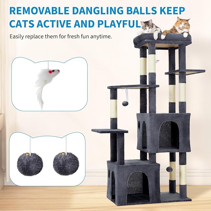 61" Large Cat Tree Tower for Indoor Cats, Heavy-Duty Multi-Level Cat Condo for Maine Coon & Big Cats with Extra-Large Perch, 2 Spacious Houses, Sisal Scratching Posts & Hanging Toys-Dark Gray
