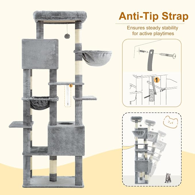 Heybly Cat Tree, 76-Inch Tall Heavy Duty Cat Tower for Big Cats HCT039W | Multi-Level Large Cat Furniture with Extra Wide Baseboard, 2 Condos & 2 Hammocks, 10 Scratching Posts, Light Gray