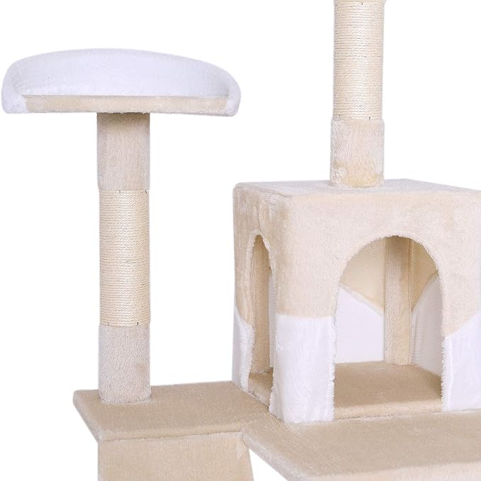 lionto Scratching Tree for Cats with Hammock & Tunnel, Height 52,4 in, cat Tree with sisal Rope & Soft Plush, Cozy Lying Areas & Caves, Suitable for Small & Large Cats, Beige/White