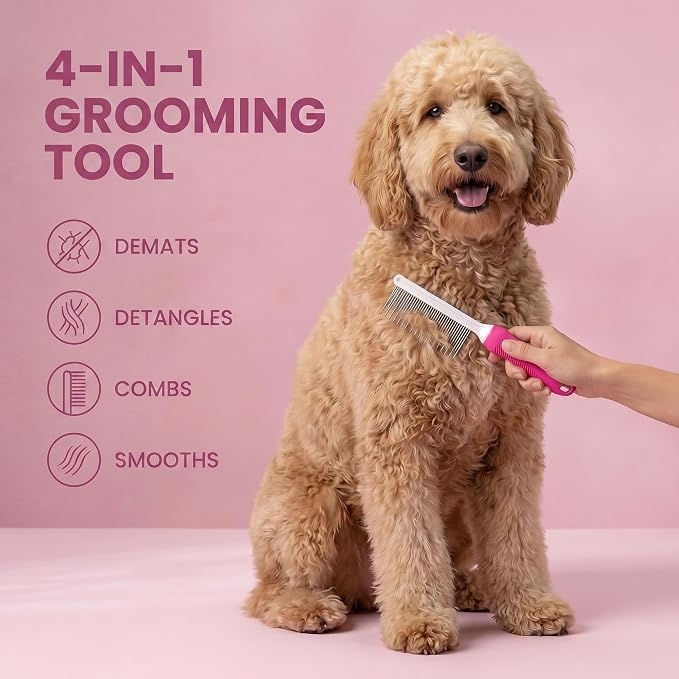 Poodle Pet Detangling Pet Comb with Long & Short Stainless Steel Teeth for Removing Matted Fur, Knots & Tangles – Detangler Tool Accessories for Safe & Gentle DIY Dog & Cat Grooming (Pink)