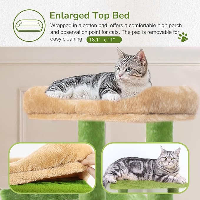 68 Inches Multi-Level Large and Tall Cat Tree Tower for Indoor Cats/Removable Pad/Cat Condo/Sisal Scratching Posts/Hammock/Cat Activity Center/Wide Base Green