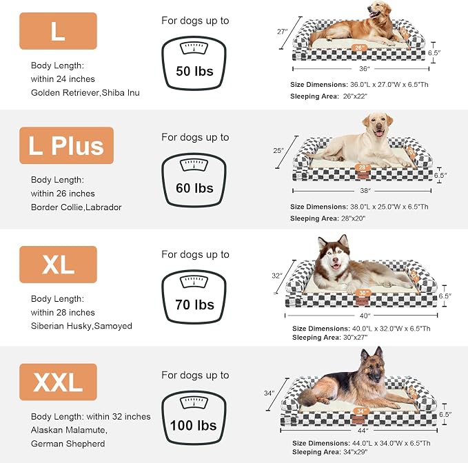 NANUYA Orthopedic Dog Bed for Large Dogs, 38 x 25 Inch, Dark Grey Grid | Egg crate foam for joint support, 3-sided bolster pet sofa, waterproof lining, washable cover, and non-skid base