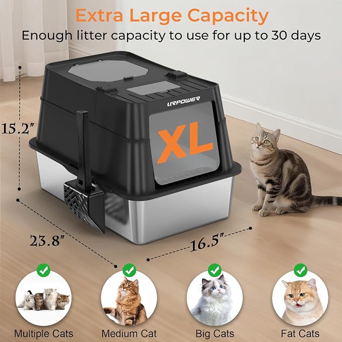 URPOWER Stainless Steel Cat Litter Box with 110° Flip-Top Lid, XL Enclosed Metal Litter Box for Large Cats, Odor Control, Anti-Urine Leakage, Non-Stick Pan, Front Entry Top Exit, Scoop & Mat Included