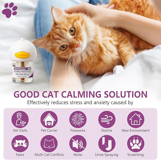 Cat Pheromones Calming Diffuser, Cat Calming Plug In Pheromone Diffuser Starter Kit with 2 Diffusers + 4 Refills - Relieve Anxiety, 120 Days Starter Kit Long-Lasting Stress Relief for Cats (Purple)