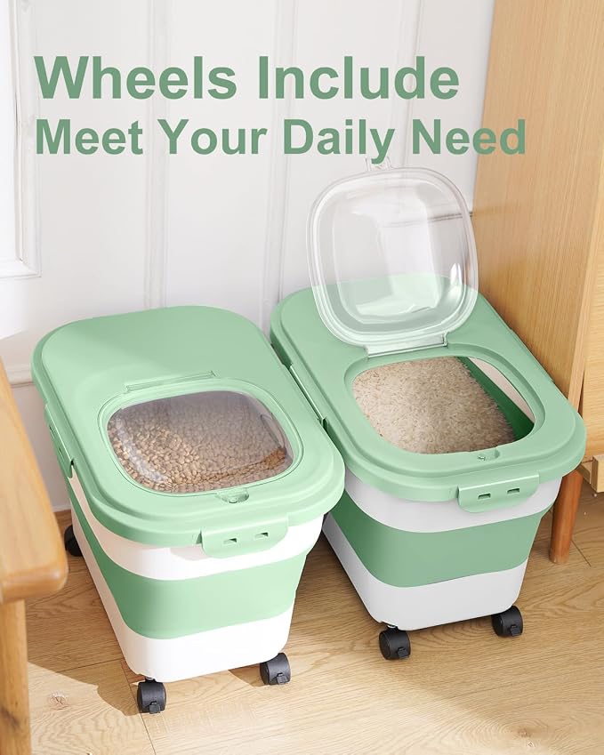 20-30 Lbs Rice Storage Container,Collapsible Food Storage Container | Flour Storage Container with Wheels Airtight Locking Lid,Cat Food Container Double Seal,Keep Fresh for Pet Food,Rice,Flour