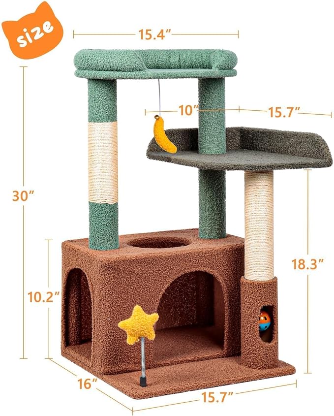 Small Cat Tree, Compact 30" Cat Tower for Indoor Kittens | Plush Finish, Cozy Condo, Soft Top Perch, Sisal Scratching Post, Dangling Ball Toy, Anti-Tip Base, for Cats up to 15 lbs