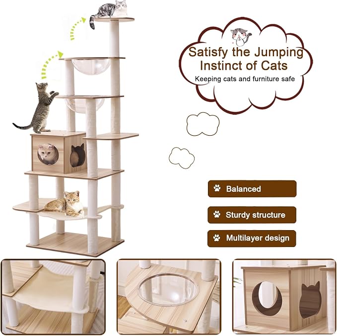 76-Inch Multi-Pure Wood-Level Cat Tree Tower with Condo, 16 Soft Plush Scratching Post,2 Space Capsule, with Cat Hammock,5-Story Perching Platform,Cat Tree for Large Cats.（1115）