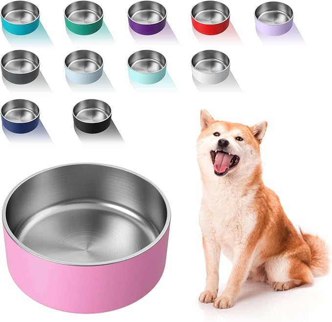 WENBOKMIN Dog Bowl, Stainless Steel Dog Food and Water Bowl with Non Slip Quiet Bottom, Easy to Clean, Dishwasher Safe, 64oz, Pink