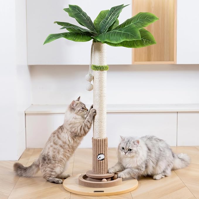 WOOCHPET Cat Scratching Post for Indoor Cats 35" Tall, Sisal Cat Scratcher with Mouse Toy and Track Balls, Wooden Base (Beige)
