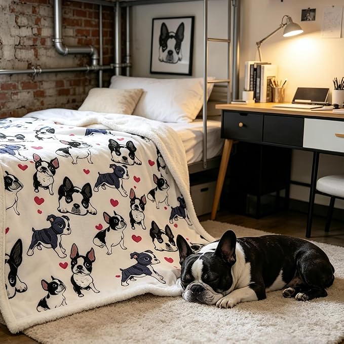 BlessLiving 50x60 Sherpa Fleece Throw Blanket, Boston Terrier | sherpa fleece. boston terrier print; for couch, bed, or sofa.