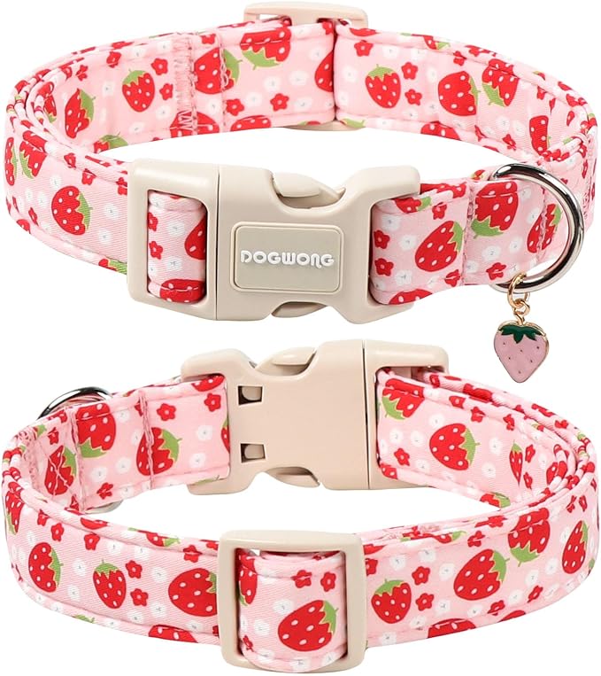 DOGWONG Cotton Handmade Daisy Flower Dog Collar Cute Pink Strawberries Dog Collars with Pendant for Girl Boy Dogs,XS