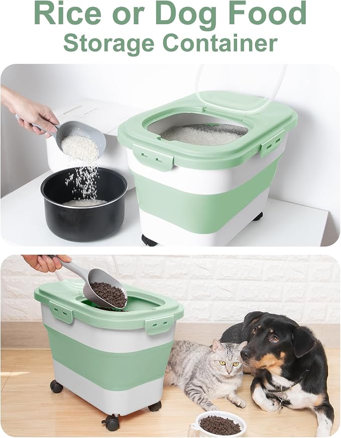 20-30 Lbs Rice Storage Container,Collapsible Food Storage Container | Flour Storage Container with Wheels Airtight Locking Lid,Cat Food Container Double Seal,Keep Fresh for Pet Food,Rice,Flour