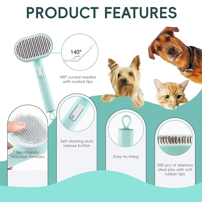 2 Pack Pet Hair Remover Kit Self Cleaning Slicker Brush for Cats Dogs & Electrostatic Grooming Glove One-Click Deshedding Brush Pet Hair Remover for Furniture Couch Clothes (Green)