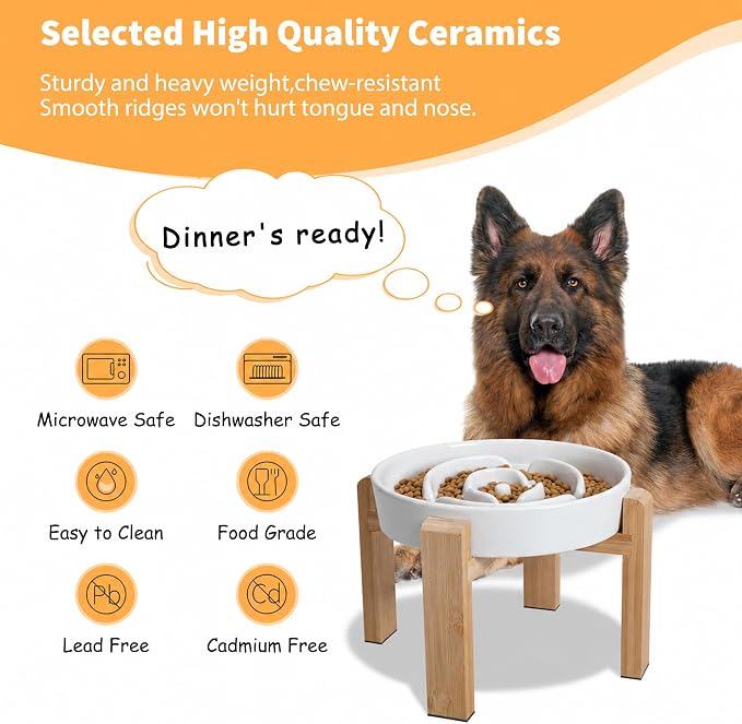 Elevated Slow Feeder Dog Bowl Large Breed, 8.8 Inch Ceramic Slow Eating Bowl with Screw-Assembled Bamboo Stand, Anti-Choking Raised Maze Design for Medium to Large Dogs, 3.2 Cup, White