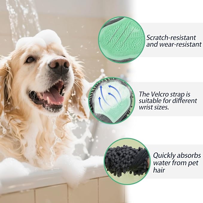 Green Double-Sided Dog Bath Glove Dog Washing Glove for Dogs&Cats | Massage Dog Brush Glove,Chenille Absorbent Pet Towel Mitt,Pet Grooming Glove for Hair Removal Glove,Pet Bathing Glove