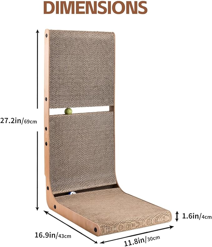 AUSCAT L-Shape Cardboard Cat Scratcher, 27.2 Inch Vertical Cardboard Scratcher for Indoor Cats with 2 Built-in Toy Balls