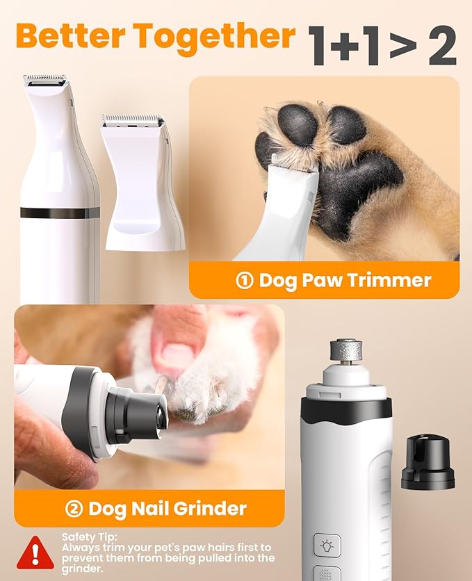 oneisall 3 in 1 Dog Nail Grinder & Paw Trimmer Kit, 2 LED Lights | 2 Replaceable Blades, 6500/7500RPM, 2 Speeds, Low Noise, Cordless & Rechargeable, Safe for Paw, Face, Ears, Body