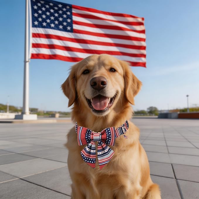 American Flag 4 of July Dog Bow Collar, Independence Day Adjustable Patriotic Dog Collar with Sailor Bowtie for Small Dogs,XS