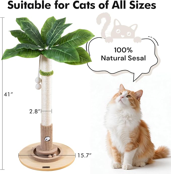 WOOCHPET Cat Scratching Post for Indoor Cats 35" Tall, Sisal Cat Scratcher with Mouse Toy and Track Balls, Wooden Base (Beige)