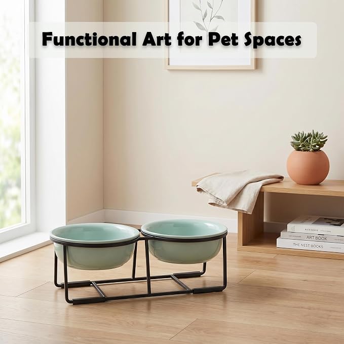 Ceramic Elevated Dog Bowl Set - Double Dog Food and Water Bowls with Metal Stand - Raised Pet Dishes for Puppies and Cats - 2 Cups - 12.5 fl oz - Green