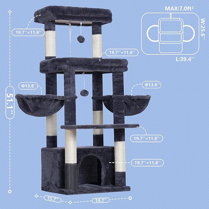 Hey-brother Cat Tree Tower with Extra Large Platform, Big Condo, MPJ070G | 51.1 Inches Scratching Posts with 2 Cozy Hammocks, Self-Grooming Brush for Indoor Adult Cats, Maine Coon, Smoky Gray