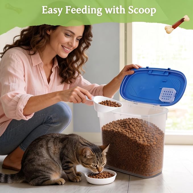 10-15 Lbs Dog Cat Pet Food Storage Container Airtight, Slim Dry Food Bin | Clear Plastic Food Container for Dogs, Cats, Bird Seeds, Kibble, Pellets, Rice, Flour, Food Container with Lid, Scoop and Cup