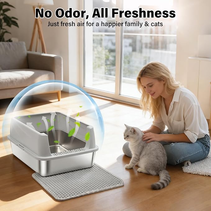 Stainless Steel Litter Box with Lid,Low Entry Cat Litter Box | Metal Kitty Litter Box for Small to Medium Cats,Non-Stick,Anti-Leakage,Easy to Clean,Include Scoop and Mat