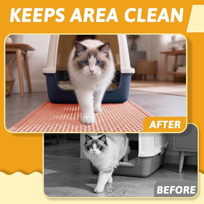 Pieviev Cat Litter Mat, Double-Layer Waterproof Design, 24" x 15" Coral Red | Honeycomb Litter Box Mat Catches Scattered Particles to Stop Tracking, Urineproof Base protects Floors, Easy to Clean