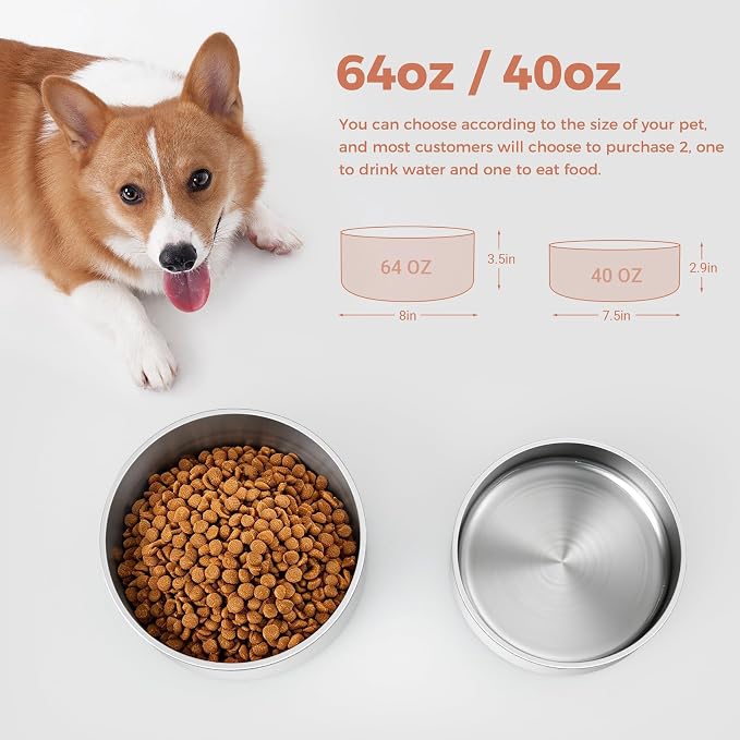 WENBOKMIN Dog Bowl, Stainless Steel Dog Food and Water Bowl with Non Slip Quiet Bottom, Easy to Clean, Dishwasher Safe, 64oz, White