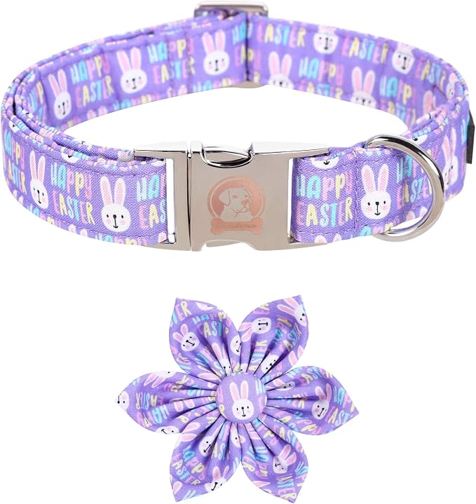 ·MR. CHUBBYFACE· Easter Dog Collar, Purple Rabbit Pet Collar with Flower, Adjustable Puppy Collar Bowtie for Small Medium Large Dogs