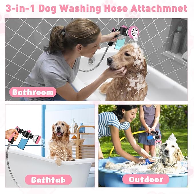 Dog Shower Attachment with 6.6FT Shower Hose, 8 Sprayer Modes Dog Washing Hose Attachment for Bathroom & Bathtub, Outdoor Use Dog Washing Kit with Pet Grooming Glove Shampoo Dispenser and Holder