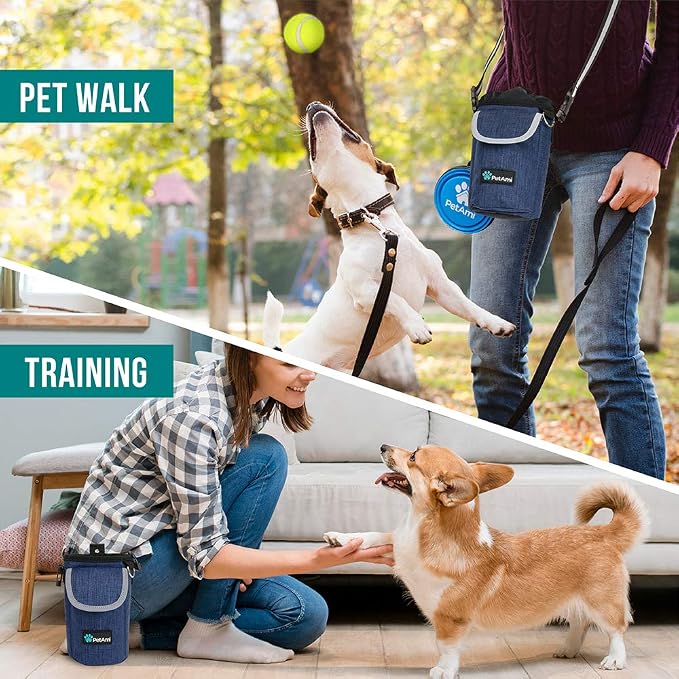 PetAmi Dog Treat Pouch, Large Hands-Free Training Bag, Navy Blue | Built-In Poop Bag Dispenser, Holds 3 Cups Of Treats, 4 Ways to Wear, D-Ring, Reflective Strap, Dog Treat Bag for Walking