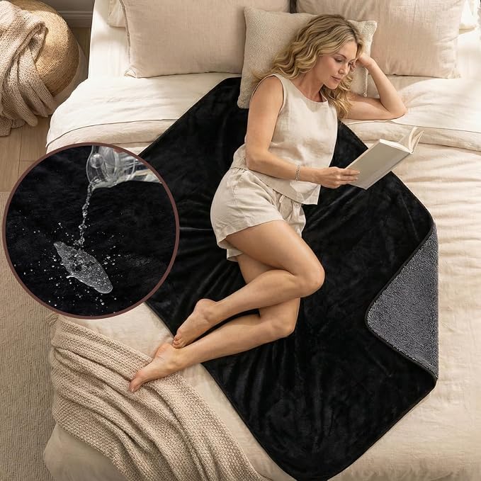 Waterproof Blanket for Bed, Couch, Sofa - Plush Throw Blanket to Protect Furniture, Stain Resistant, Leak-Proof, Double-Sided Flannel & Sherpa Fleece, Reversible Black & Grey, 40"x60"