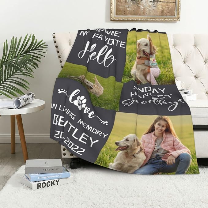 D-Story in Loving Memory of Loss Dog, Custom Sympathy Blanket with Dogs Pictures and Name,Personalized Dog Sympathy Remembrance Gift for Kids and a Grieving Pet Owner (Made in USA)