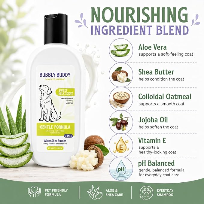 3-in-1 Pet Shampoo for Dogs, Sweet Milk Scent Dog Shampoo and Conditioner with Aloe,Shea Butter,Colloidal Oatmeal,Jojoba Oil & Vitamin E, pH Balanced Cleansing, Smoothing & Antibacterial Care, 15.5 oz