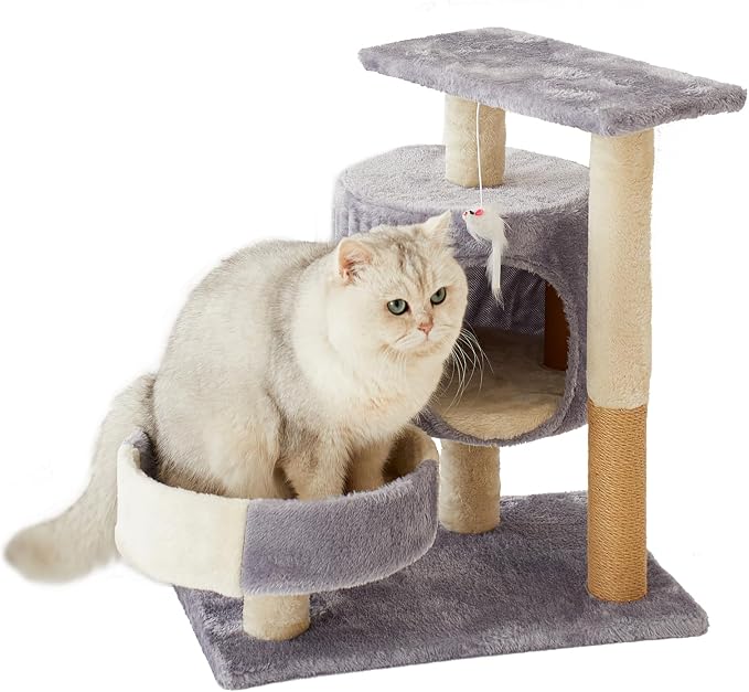 Cat Tree with Condo, Perch, and Scratching Posts, Gray and Beige, Multi-Level Tower with Hanging Toy