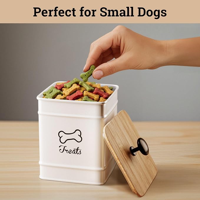 Dog Treat Container with Airtight Bamboo Lid, 5"W x 7"H, 7 Cup Capacity | Fits Most Popular Treats, 7 Cups Capacity, Airtight Bamboo Lid, Easy Open Metal Lid Handle, Dent-Resistant Durable Metal