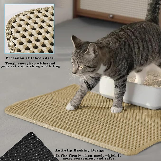 HCY&WLD Cat Litter Mat, Honeycomb Double Layer Litter Trapping Mat | Safe Materials, Soft on Paws, Waterproof Urine Proof Non-Slip, Protects Floors, Less Waste, Easy to Clean, Beige, 24" x 18"