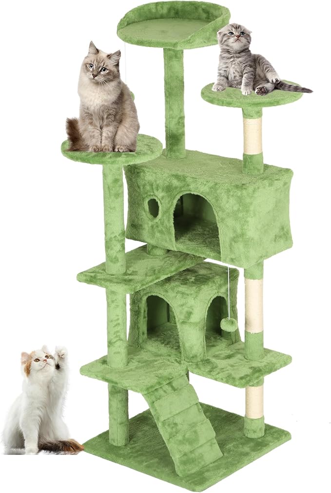 FDW | 54" Cat Tree Tower | Green | Multi-Level Indoor Activity Center with Sisal Scratching Posts, Condos, Plush Perches, Hanging Cat Toys | Sturdy, Easy to Assemble | for Kittens & Adult Cats