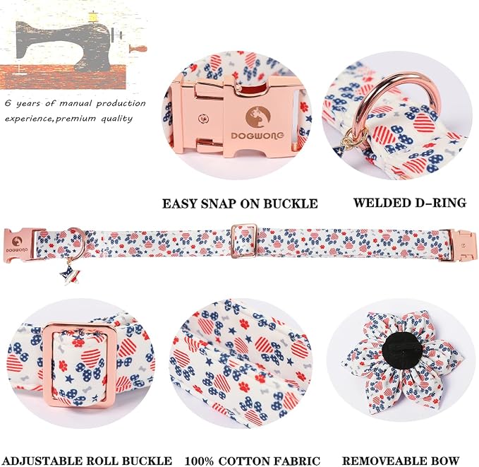 4th of July American Flag Dog Collar, DOGWONG Red Blue Flower Dog Collar with Metal Adjustable Buckle,Soft and Comfortable Independence Day Dog Collars for Large Dogs,XL