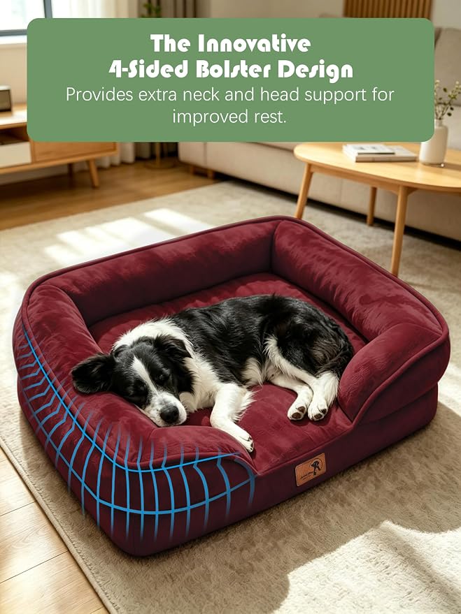 Spotted Play Orthopedic Dog Bed with Sides - Sofa Beds for Large Dogs, Supportive Foam Pet Couch Bed with Washable Removable Cover, Waterproof Lining and Non-Slip Bottom, Burgundy - L