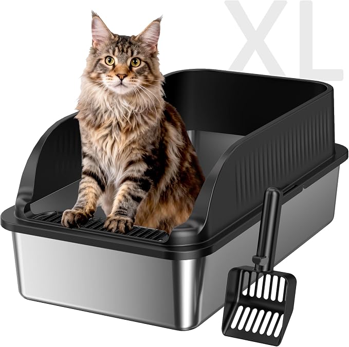Stainless Steel Litter Box with High Sides, Include Scoop, Black | Easy Cleaning Anti-Urine Leakage Non-Sticky Open Top Low Entry