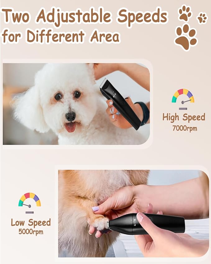4-in-1 Dog Grooming Kit Low Noise Snag Free Cutting for Cats Dogs | Rechargeable Cordless, Rinsable Blade ,4-in-1 Electric Clipper & Foot Trimmer with Nail Grinder and Curved Blade Head