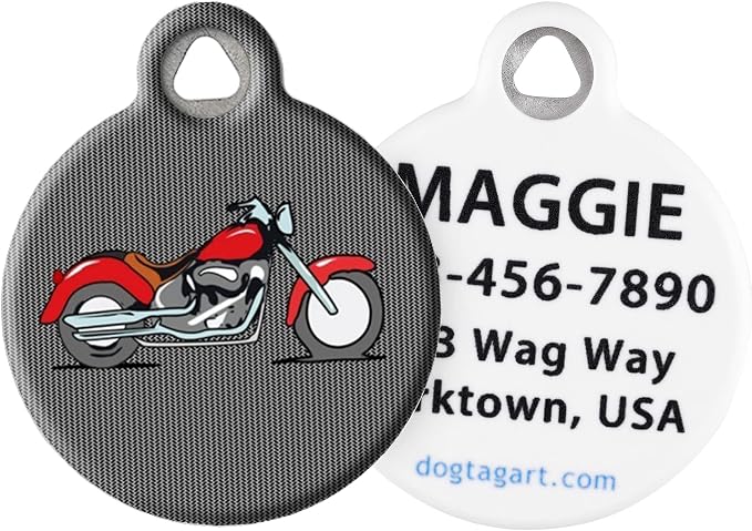 Red Motorcycle Pet ID Tag for Dogs and Cats, Silent Polymer Coated Nametag with Customized Identification Information - Large 1.25" Diameter