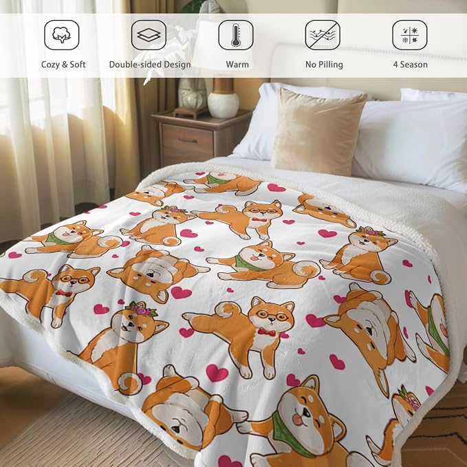 BlessLiving Cute Watercolor Dogs Pattern Fleece Blanket Shiba Inu Puppy Sherpa Reversible Throw Animal Print Plush Blanket (Queen, 90 x 90 Inches)